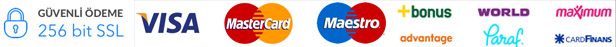 Güvenli ödeme, 256 bit SSL; Visa, Mastercard ve diğer ödeme logoları